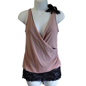 Vtg 90s Y2K Womens Fairy Grunge Mesh Wrap Top Pink Black Lace Sheer Party Med